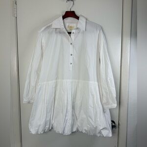 Maeve, NWT White long sleeve bubble hem drop waist cotton mini shirt dress S
